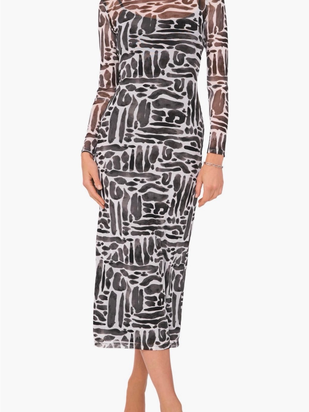 Vince Camuto Abstract Black and White Long Sleeve Printed Midi Dress